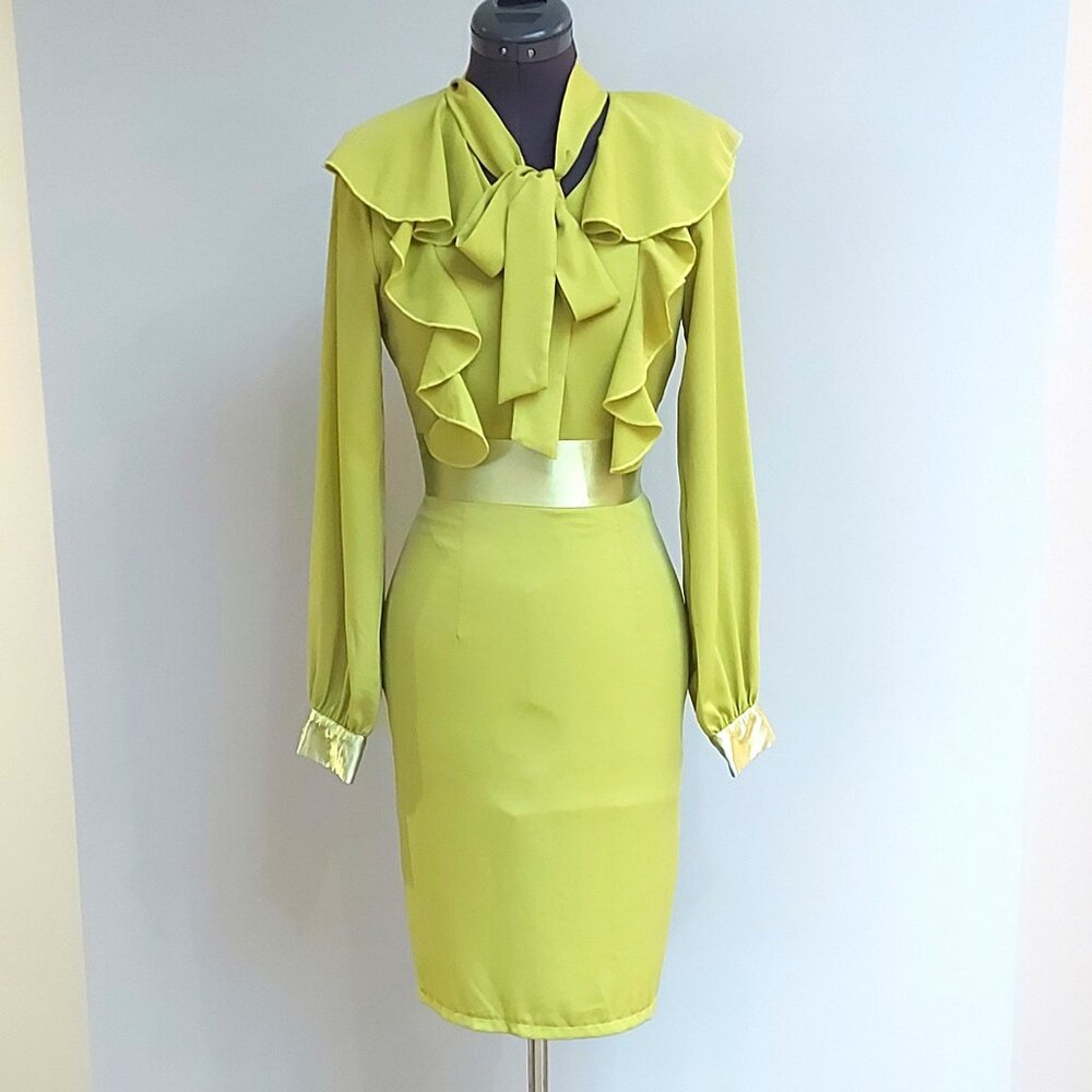 Vintage Chartreuse Long Sleeve Knee Length Party Dress - Size XS